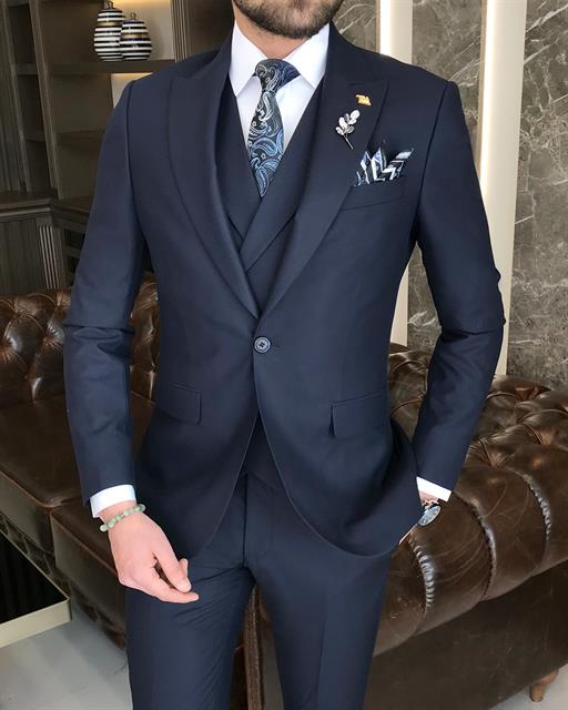 Italian style slim fit men's jacket vest pant suit navy blue T9112