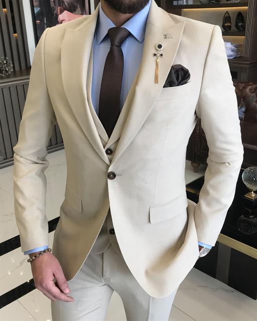 Italian Style Slim Fit Men's Jacket Vest Pants Suit Suit Beige T9025