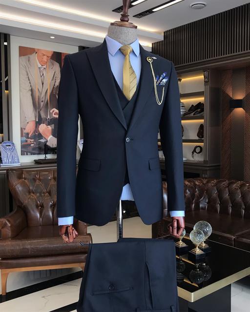 Italian style slim fit men's jacket vest pant suit navy blue T9532