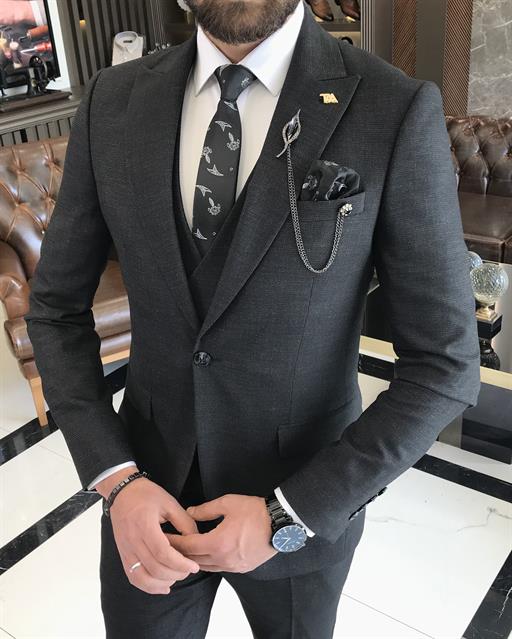 Italian style slim fit men's jacket vest pant suit black T9529