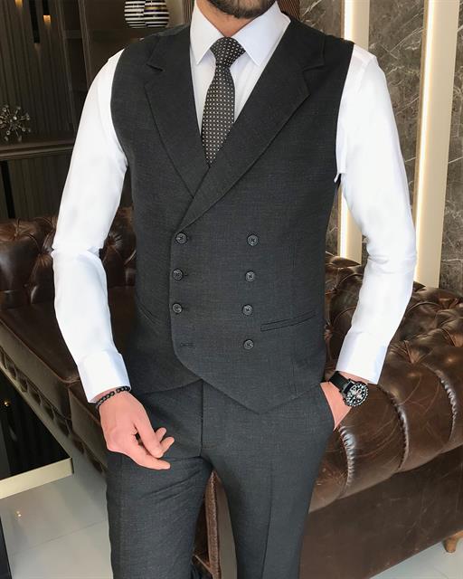 Italian style slim fit men's jacket vest pant suit black T9129