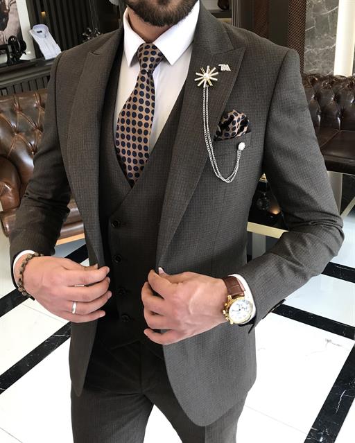 Italian style slim fit men's jacket vest pant suit brown T9534
