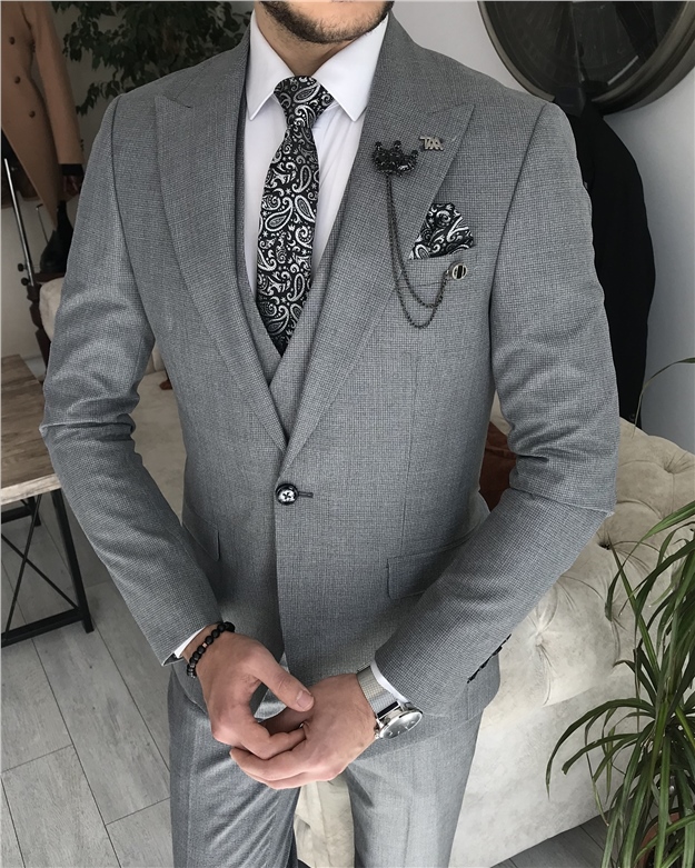 İtalyan stil slim fit erkek ceket yelek pantolon takım elbise Gri T8402