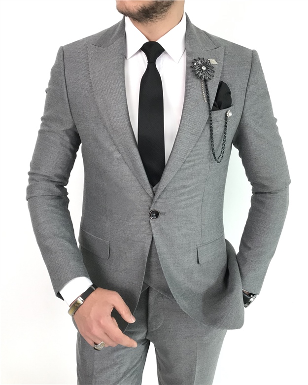 İtalyan stil slim fit erkek ceket yelek pantolon takım elbise Gri T7626