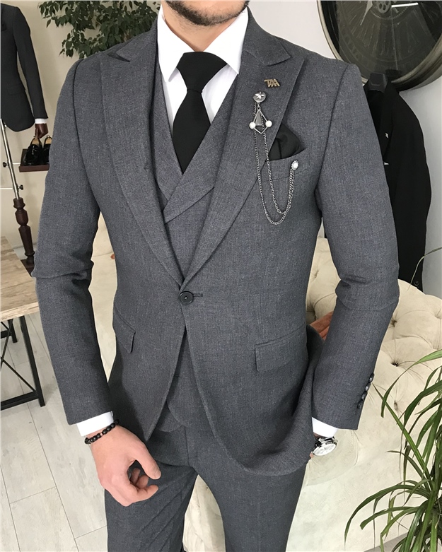 İtalyan stil slim fit erkek ceket yelek pantolon takım elbise Gri T8248