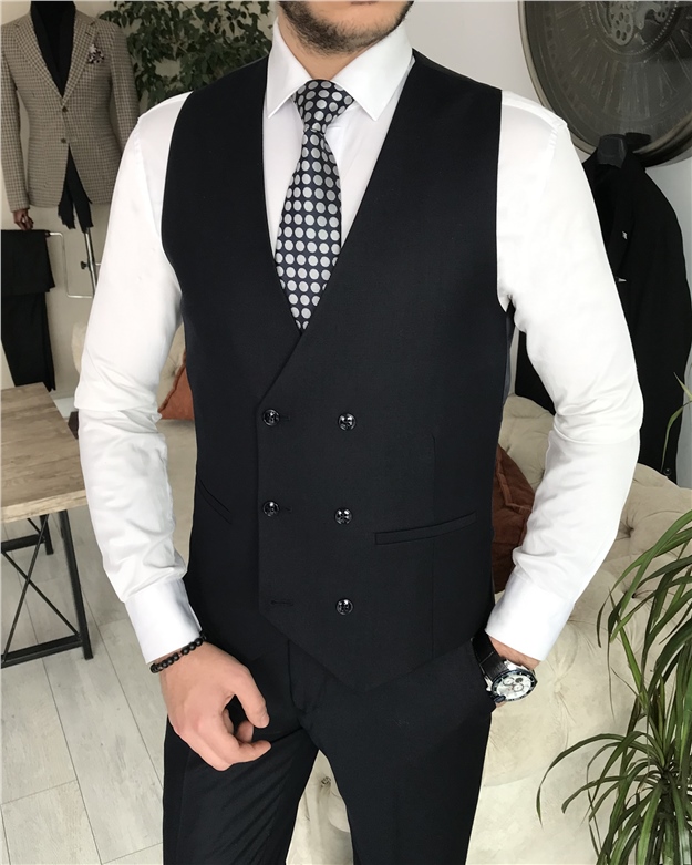 İtalyan stil slim fit erkek ceket yelek pantolon takım elbise Lacivert T8394