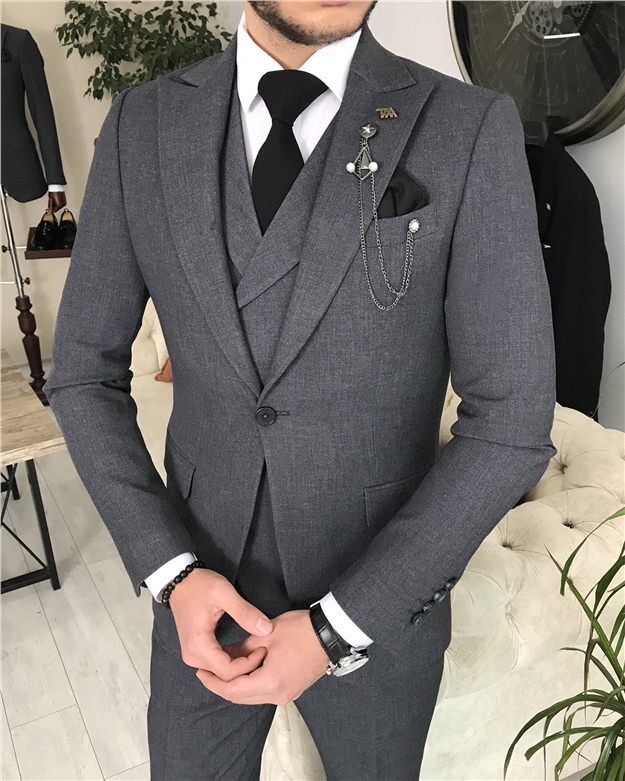 İtalyan stil slim fit erkek ceket yelek pantolon takım elbise Gri T8248