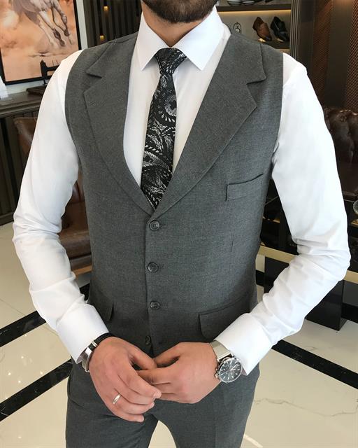 Italian Style Slim Fit Men's Jacket Vest Trousers Suits Gray T9028