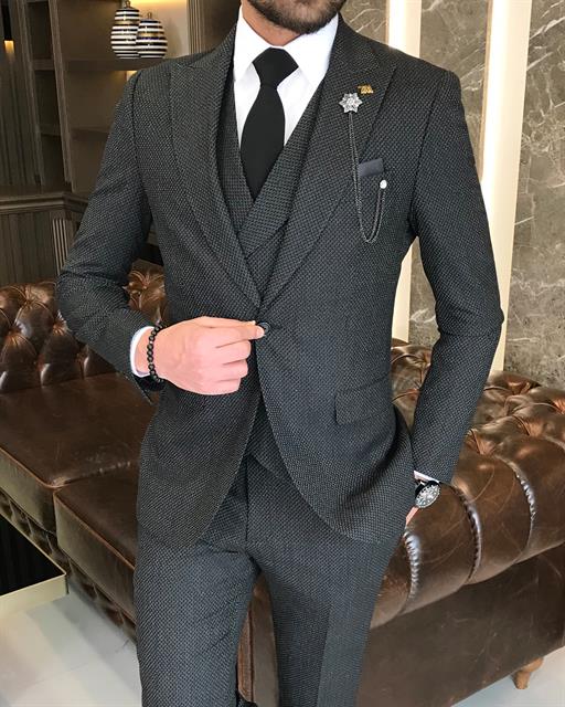 Italian style slim fit men's jacket vest pant suit black T9125