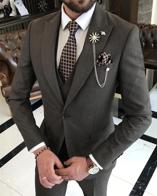 Italian style slim fit men's jacket vest pant suit brown T9534