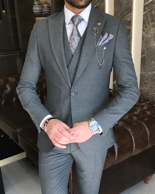 Italian style slim fit men's jacket vest pant suit gray T9128