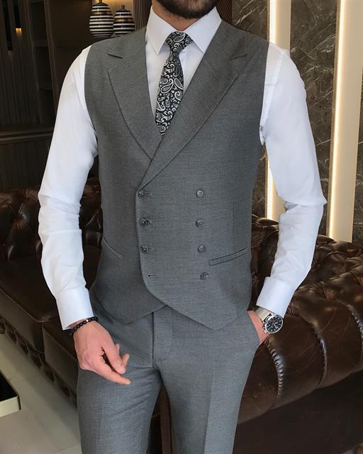 Italian style slim fit men's jacket vest pant suit gray T9121