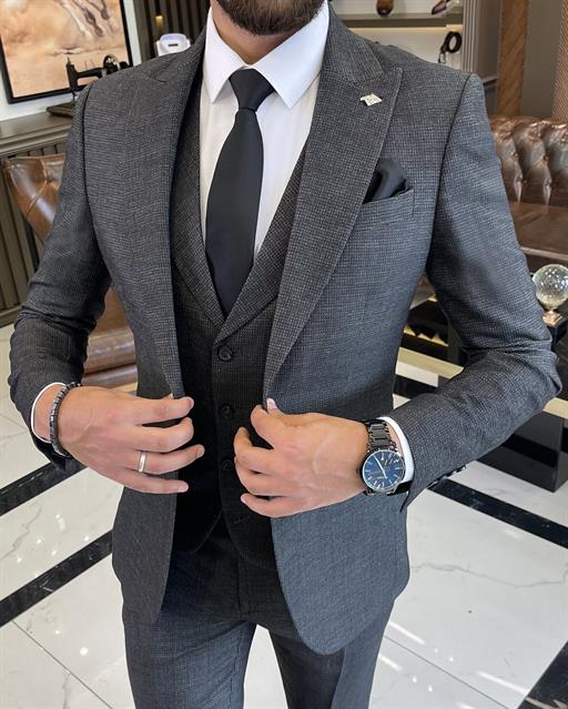 Italian Style Slim Fit Men's Jacket Vest Trousers Suit Black T9036