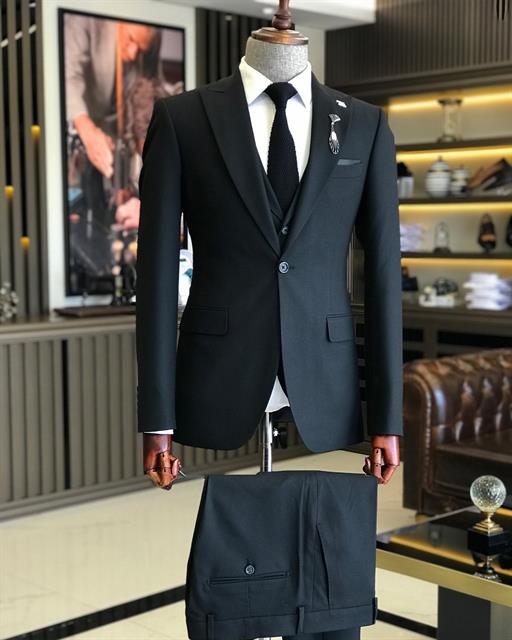 Italian Style Slim Fit Men's Jacket Vest Trousers Suit Black T9040