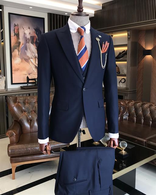 Italian Style Slim Fit Men's Jacket Vest Pants Suit Navy Blue T9023
