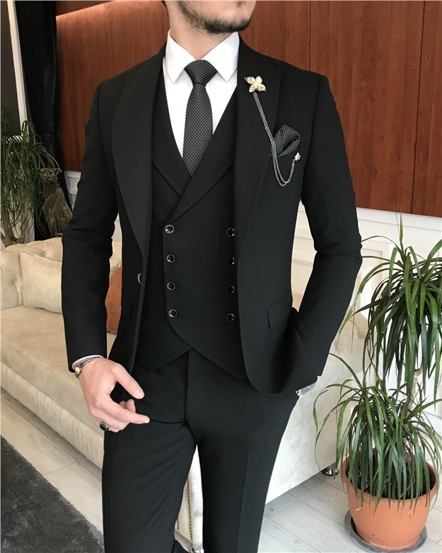İtalyan stil slim fit erkek ceket yelek pantolon takım elbise siyah T6644