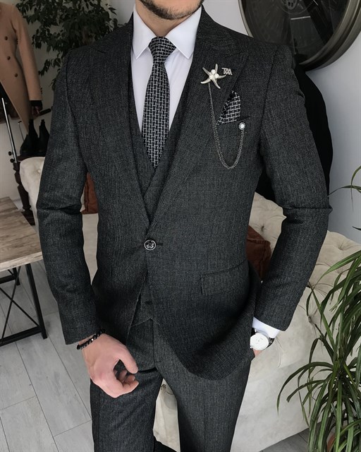 İtalyan stil slim fit erkek ceket yelek pantolon takım elbise Antrasit T8399