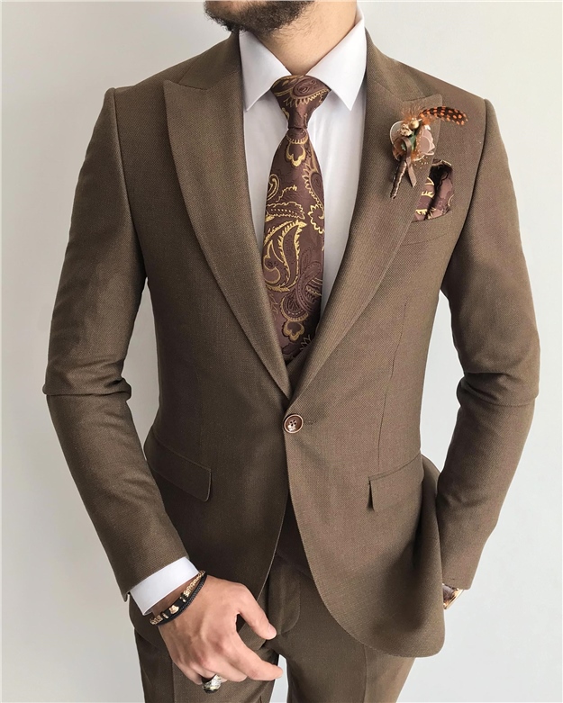 İtalyan stil slim fit erkek ceket yelek pantolon takım elbise Kahverengi T7627
