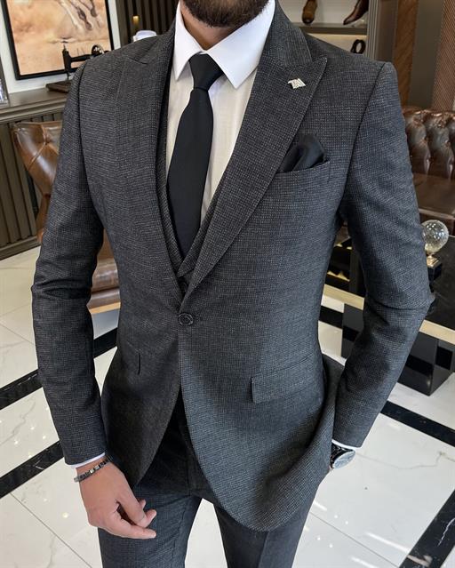 Italian Style Slim Fit Men's Jacket Vest Trousers Suit Black T9036