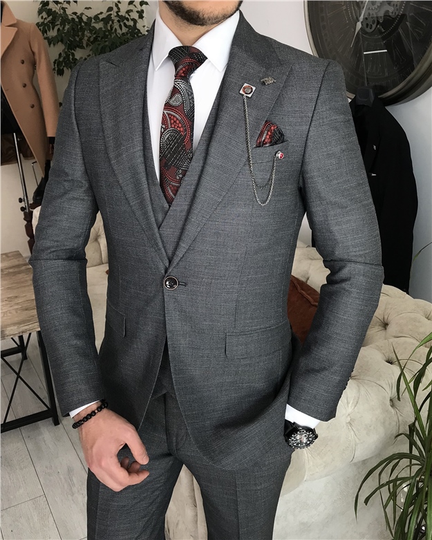 İtalyan stil slim fit erkek ceket yelek pantolon takım elbise Gri T8395