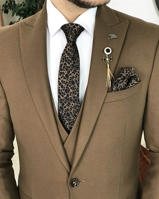 İtalyan stil slim fit erkek ceket yelek pantolon takım elbise Kahverengi T8398