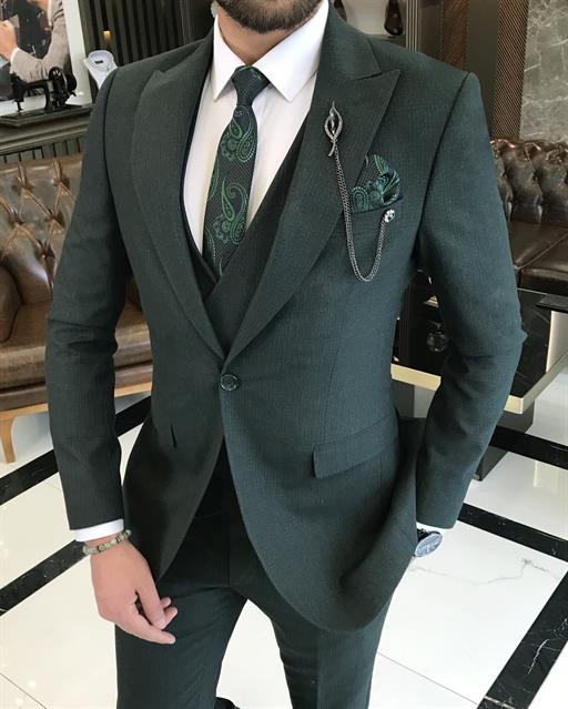 Italian style slim fit men's jacket vest pant suit green T9533