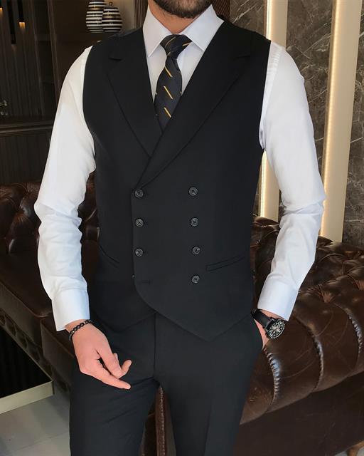 Italian style slim fit men's jacket vest pant suit black T9131