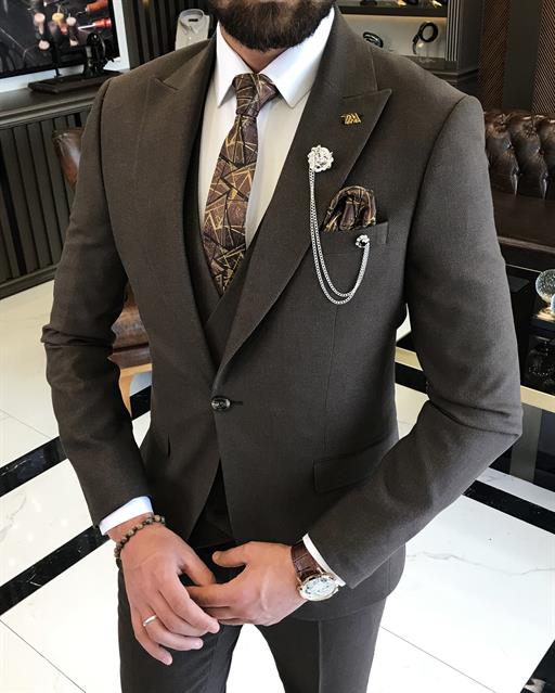 Italian style slim fit men's jacket vest pant suit brown T9528