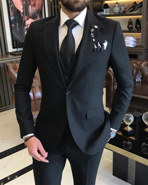 Italian Style Slim Fit Men's Jacket Vest Trousers Suit Black T9040