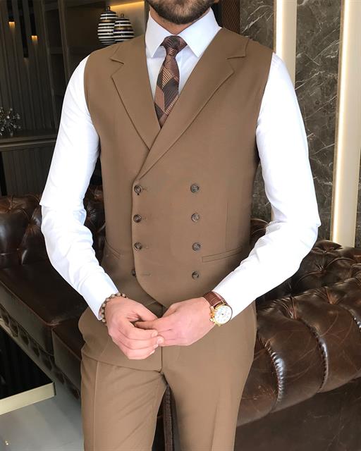 Italian style slim fit men's jacket vest pant suit camel T9113