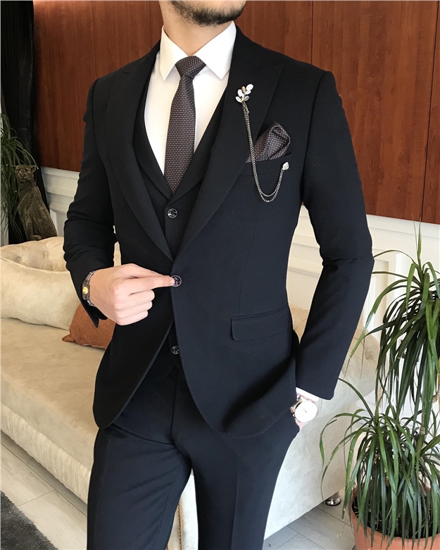 İtalyan stil slim fit erkek ceket yelek pantolon takım elbise lacivert T6646