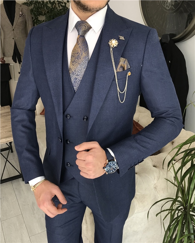 İtalyan stil slim fit erkek ceket yelek pantolon takım elbise Mavi T8396