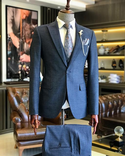 Italian Style Slim Fit Men's Jacket Vest Pants Suit Navy Blue T9031