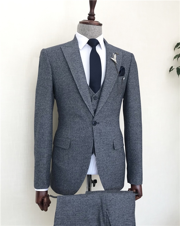 İtalyan stil slim fit erkek ceket yelek pantolon takım elbise Lacivert T8431