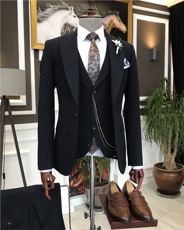 İtalyan stil slim fit erkek ceket yelek pantolon takım elbise lacivert T6646