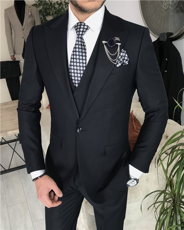 İtalyan stil slim fit erkek ceket yelek pantolon takım elbise Lacivert T8394