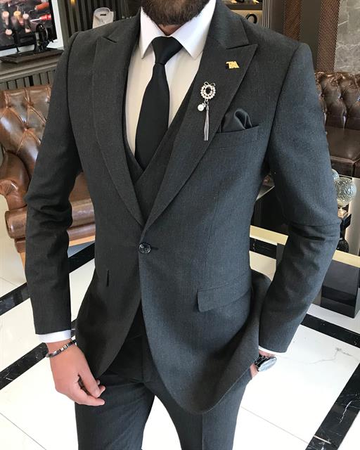 Italian style slim fit men's jacket vest pant suit black T9530