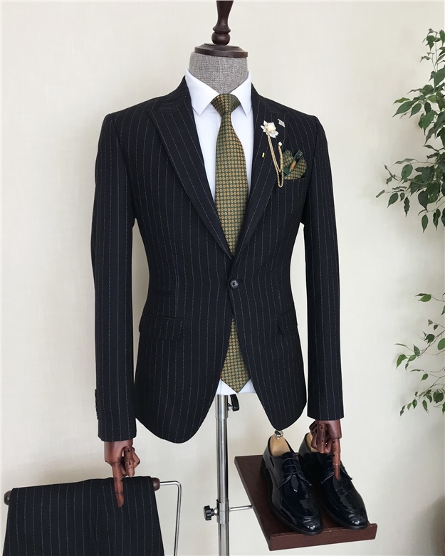 İtalyan stil slim fit erkek çizgili ceket pantolon takım elbise Lacivert T8261