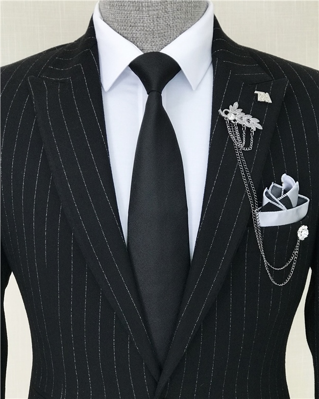 İtalyan stil slim fit erkek çizgili ceket pantolon takım elbise Siyah T8260