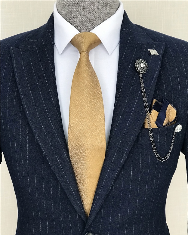 İtalyan stil slim fit erkek çizgili ceket pantolon takım elbise Lacivert T8262