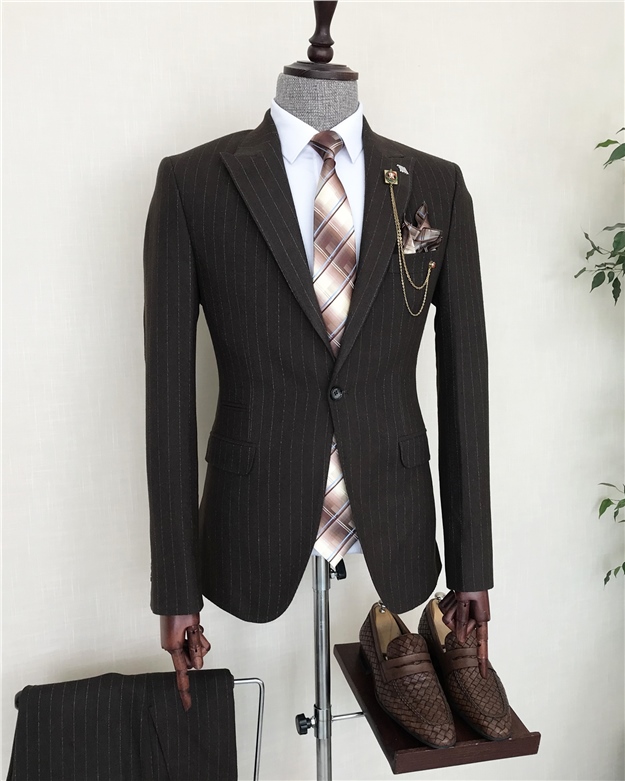 İtalyan stil slim fit erkek çizgili ceket pantolon takım elbise Kahverengi  T8264