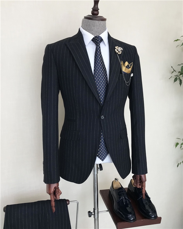 İtalyan stil slim fit erkek çizgili ceket pantolon takım elbise Lacivert T8261