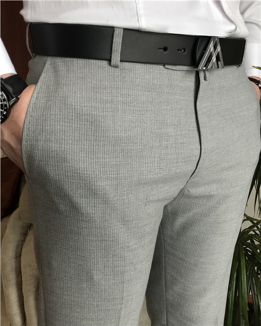 İtalyan stil slim fit erkek çizgili kumaş pantolon Gri T7140