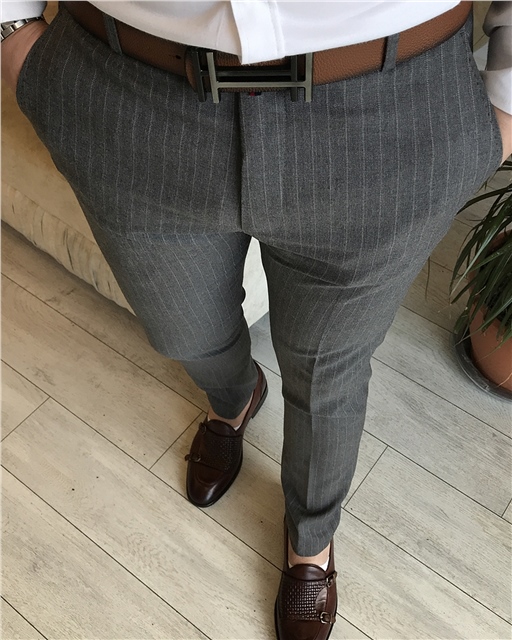 Italian Style Slim Fit Men's Striped Fabric Trousers Gray T5254