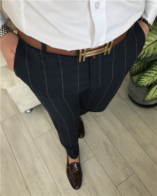 İtalyan stil slim fit erkek çizgili  kumaş pantolon Lacivert T4962