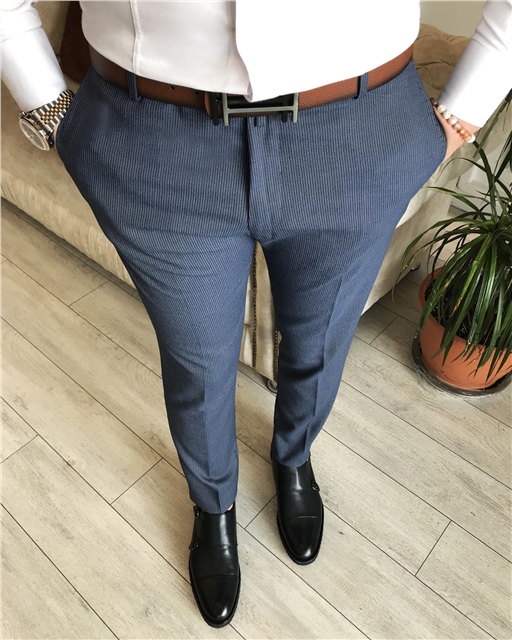 İtalyan stil slim fit erkek çizgili kumaş pantolon Lacivert T7144