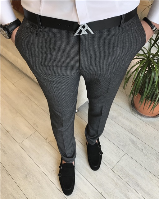 İtalyan stil slim fit erkek çizgili kumaş pantolon Antrasit T7146