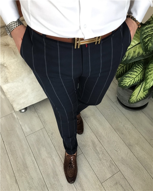 İtalyan stil slim fit erkek çizgili  kumaş pantolon Lacivert T4971