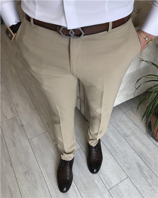 İtalyan stil slim fit erkek çizgili kumaş pantolon Bej T7147