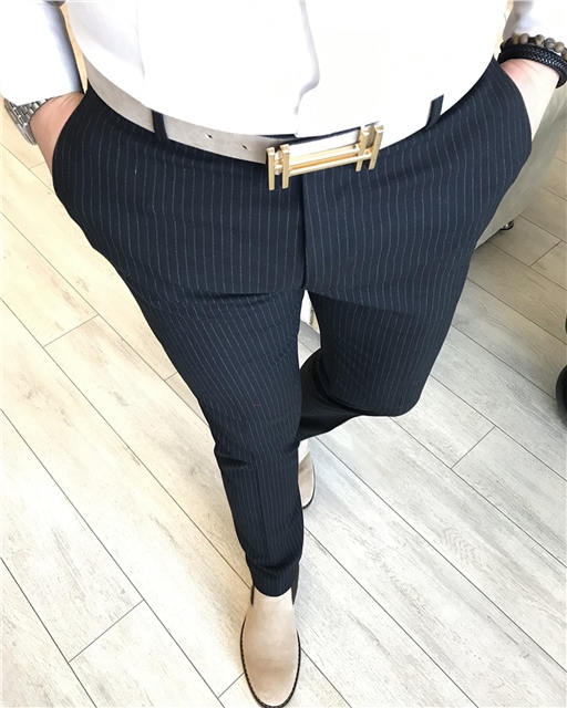 İtalyan stil slim fit erkek çizgili kumaş pantolon Siyah T5182